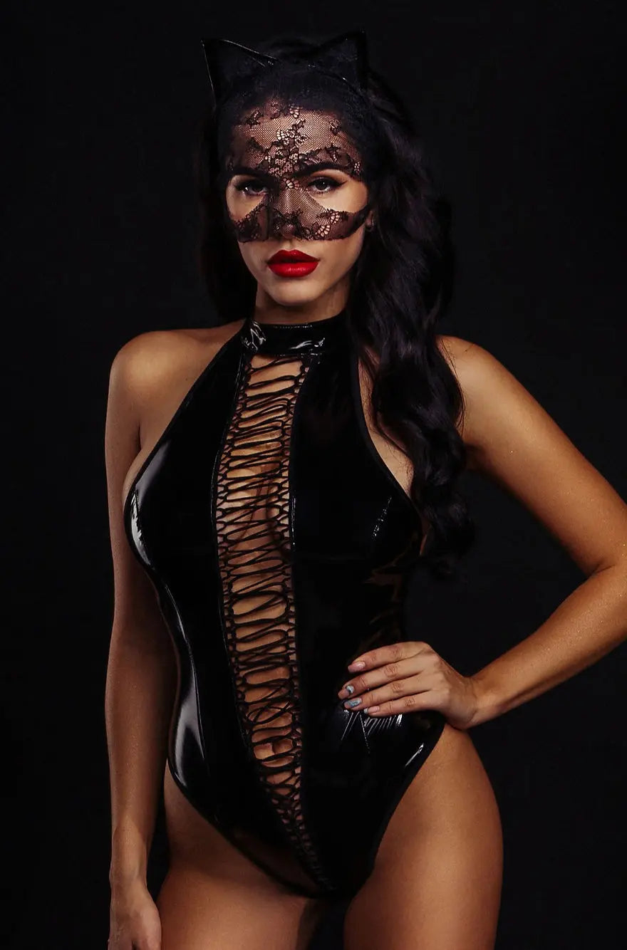 Latex Black Bodysuit PVC Bodycon Bodysuit Cat Latex Sexy Look - DomizilNoir