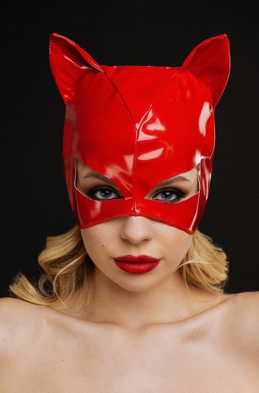 BDSM Sexy Kitty Cat Mask, Red Leather Eye Mask, Cat Costume Mask Brown Hercules